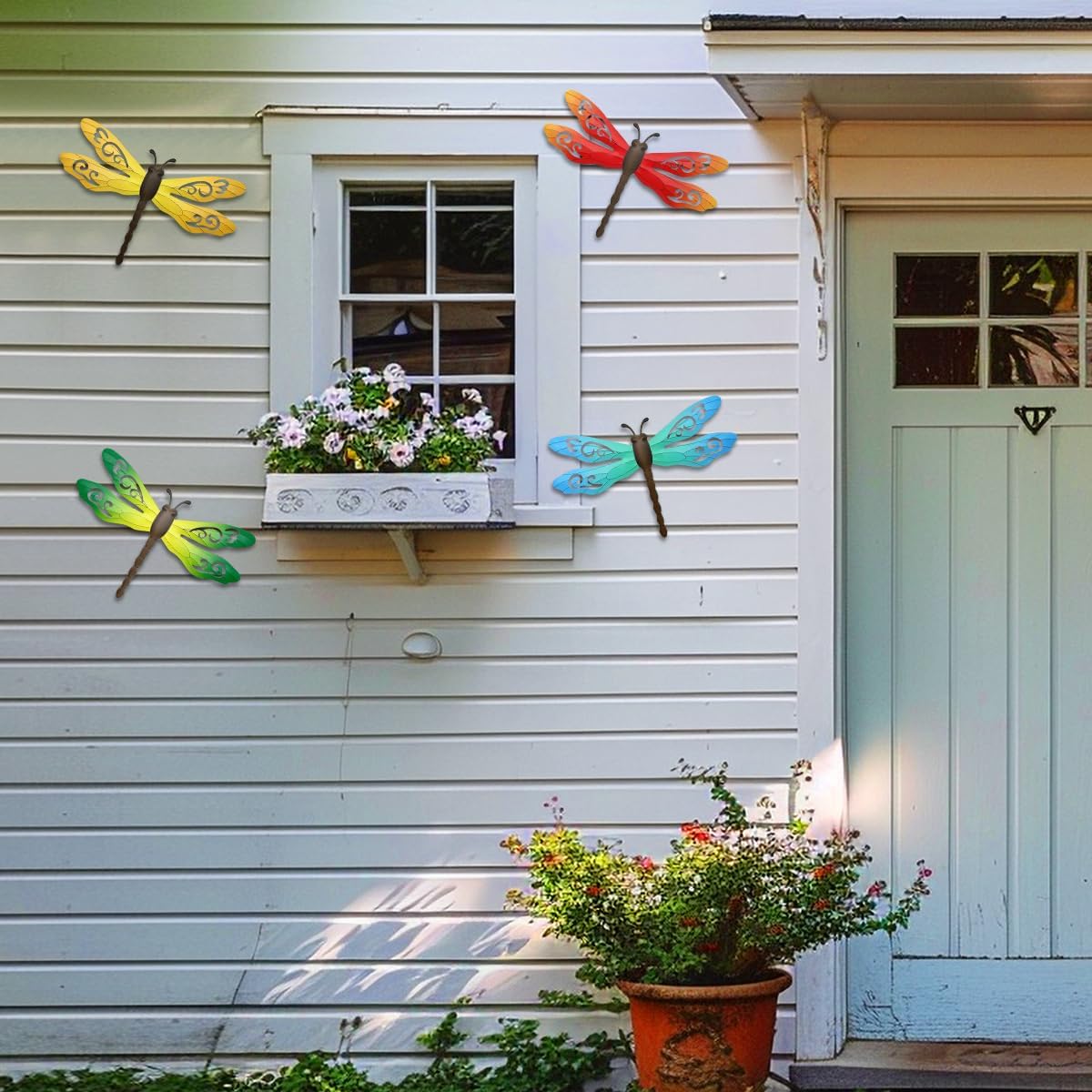 Metal Dragonfly Wall Decor, 4 Pack 14inch Metal Dragonfly Wall Hanging Sculpture Decor for Outdoor, Yard Patio Fence Garden Outside Decorations