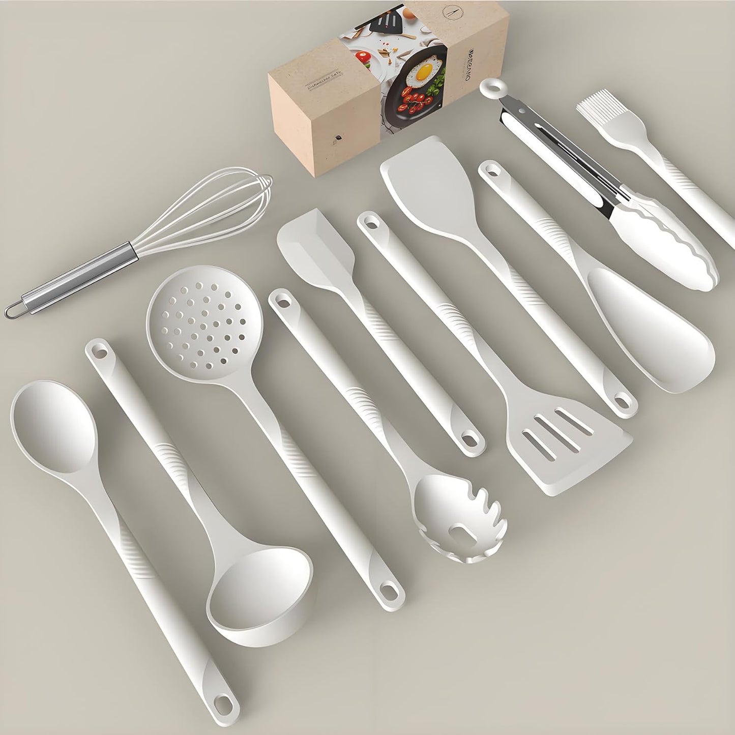 Silicone Cooking Utensils Set - 600°F Heat Resistant, Nonstick Kitchen Utensil Set with Spatulas, Spoons, Whisk, Tongs, BPA Free, Dishwasher Safe, Cream White