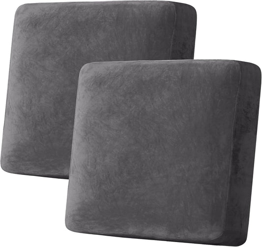 H.VERSAILTEX Velvet Stretch Couch Cushion Cover Plush Cushion Slipcover for Chair Loveseat Sofa Cushion Furniture Protector Seat Cushion Sofa Cover (2 Piece Large Sofa Cushion Covers, Grey)
