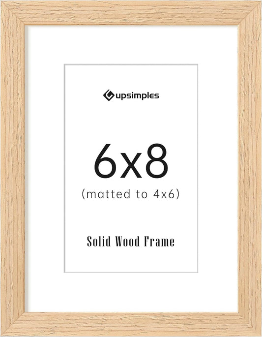 upsimples 6x8 Picture Frame, Natural Solid Wooden Picture Frames, Display 4x6 with Mat or 6 x 8 Without Mat, Wall or Tabletop, 1 Pack, Natural