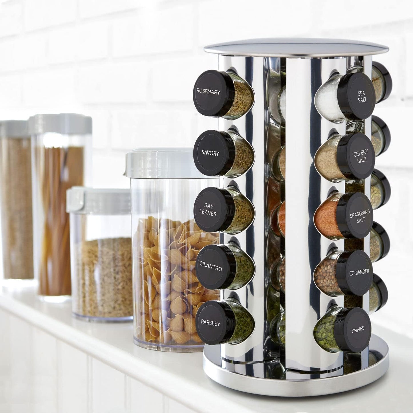 Kamenstein 20 Jar Revolving Countertop Spice Rack with Spices Included, FREE Spice Refills for 5 Years, Polished Stainless Steel with Black Caps, 30020 (Pack of 3)
