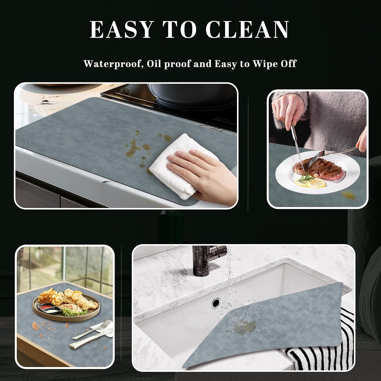 BLESWIN Faux Leather Placemats, PU Dining Table, Waterproof and Oil Resistant Easy to Clean, Heat Resistant Reversible Use Table Mats for Kitchen, Dining Table, Outdoor – 12 × 17 Inch, Grey&Dark Grey