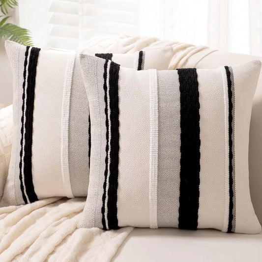 Boho Throw Pillow Covers 18x18 Set of 2 Farmhouse Decorative Cushion Case Striped Square Pillows Cover Chenille Pillow Cases Accent Neutral Pillowcase for Sofa Couch Bed,Black and White