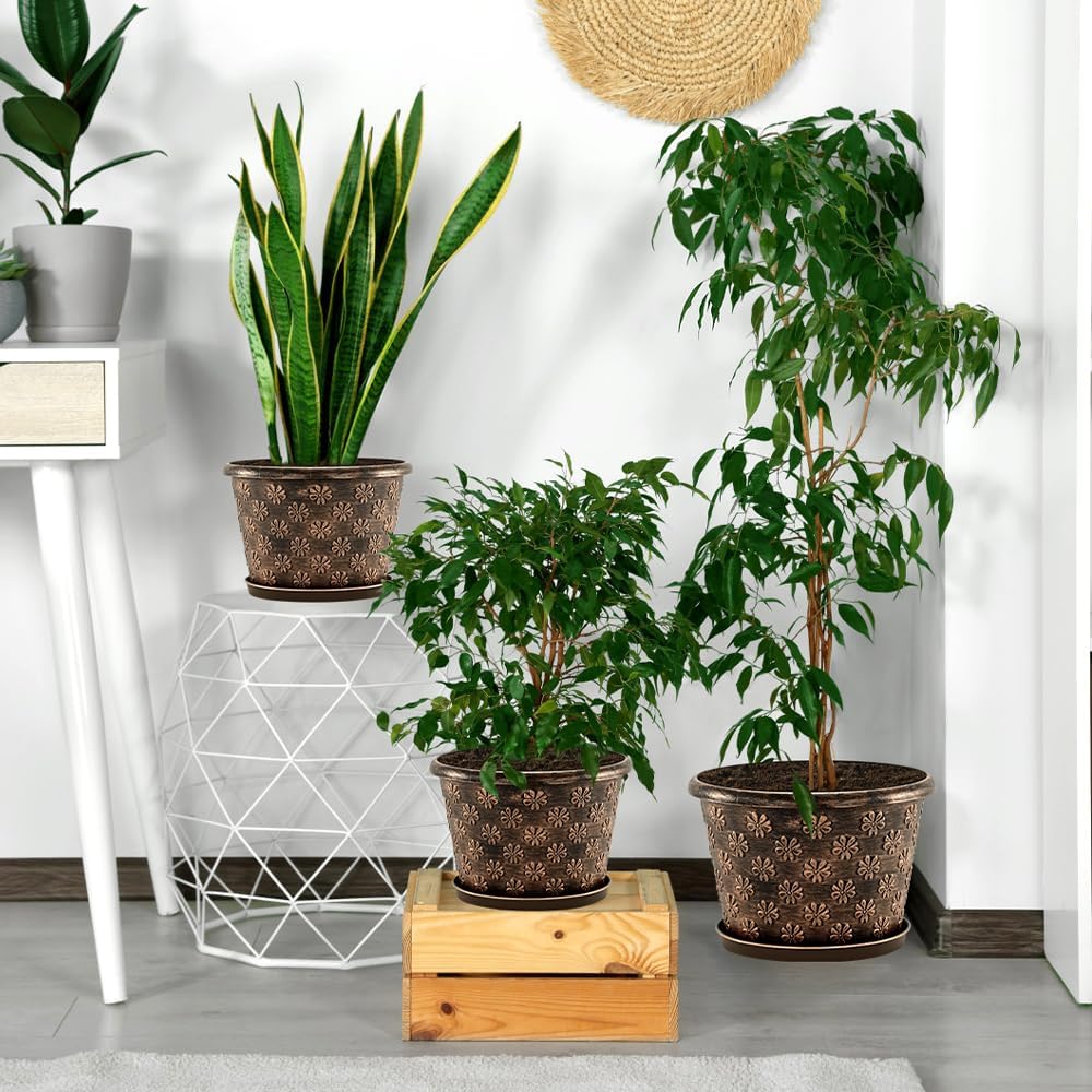 16 Inch Planter Pots for Plants, Plastic Large Flower Pots Indoor Outdoor, 4 Pack Resin Plant Pot with Drainage & Saucer, Retro Decorative Garden Pot with Removable Trays for House