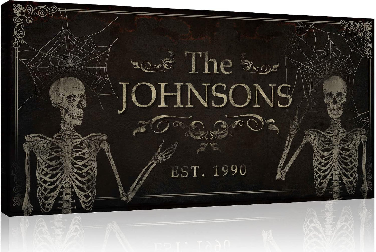 Tailored Canvases Gothic Family Wall Decor - Personalized Grunge Vintage Skeleton Room Decor for Home, Halloween Lovers, Men & Women for Bedroom, Living Room - Goth Spooky, Custom Couple Name, 60"x30"