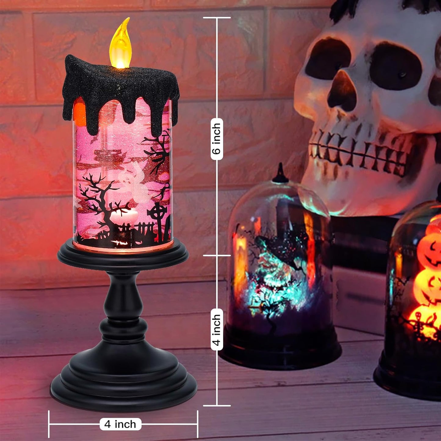 Halloween Snow Globe Candles Lighted Lamp, Lighted Flameless Candles with Water Glitter Swirls and Spooky Moving,Battery Operated