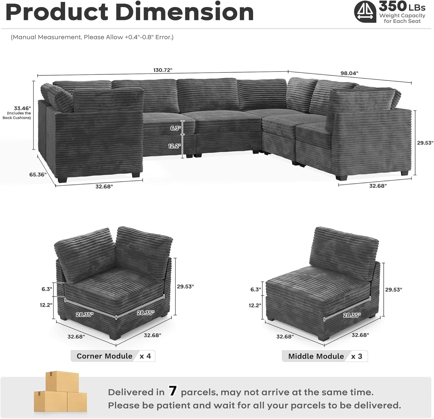 ovios Sectional Sofa Couch with U-Shape Chaise Oversized, Comfy Modular Cloud Couches with Deep Seat, Modern Upholstered Plush Corduroy Sofas Set for Living Room, 7-Seater, Grey