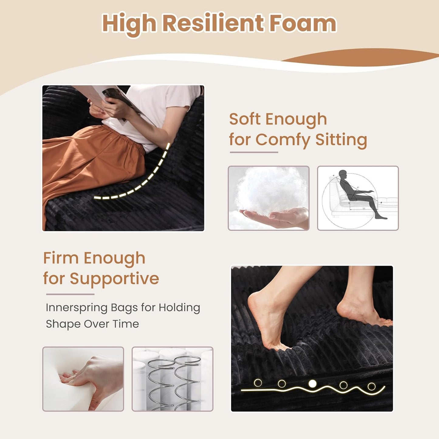 HOOOWOOO Cloud Sectional Couches for Living Room,Modular Sectional Sofa No Assembly,136X110 Inch Plush Corduroy Large U Shaped Floor Couch Set with Deep Seat(Black)