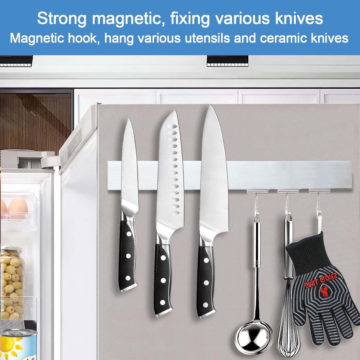 14 Inch Magnetic Knife Holder for Refrigerator - Knife Magnetic Strip for Fridge with Magnetic Hooks - Double Sided Magnetic Knife Bar - Stainless Steel Kitchen Magnetic Knife Hanger Rack