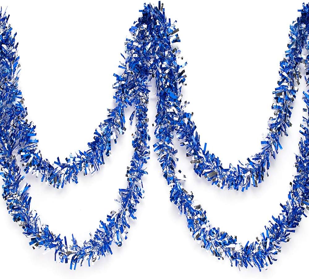 Anderson's Blue & Silver Metallic Tinsel Twist for Trailer Or Golf Cart, 4 inches Wide x 25 ft Long, Christmas, Birthday, Patriotic, Graduation and Holiday Garland Decor for Parties and Parades