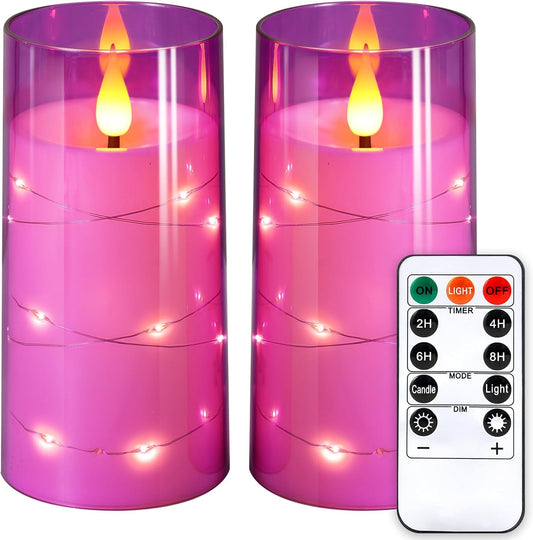 NURADA 3"x6"Flickering Flameless Candles: Built-in Star String Lights 3D Wick Battery Operated LED Pillar Candles with Remote and Timer for Table Wedding Centerpieces Party - 2 Pack Purple