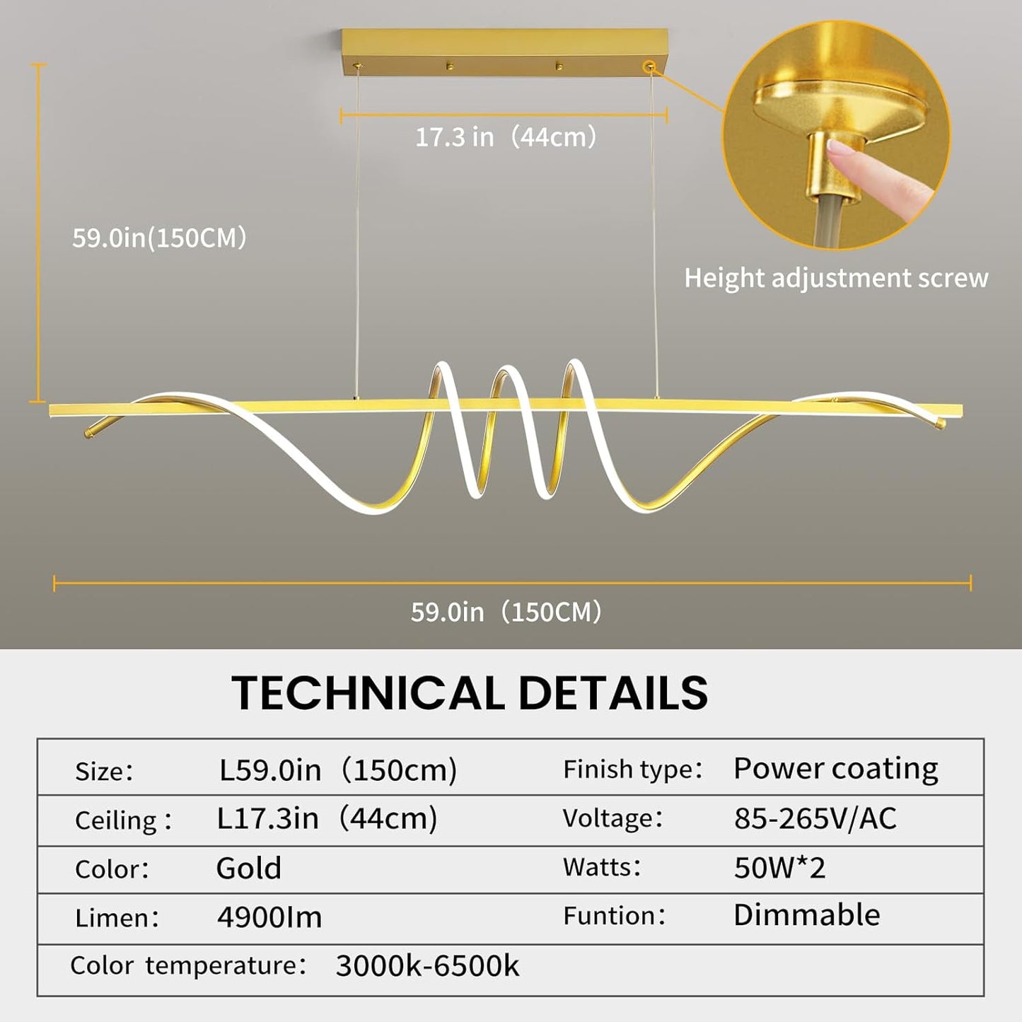 Modern Design Dimmable Desk Linear Pendant Light, with Remote Control Dimmable 3 Color Mode & Brightness Ceiling Lamp, Anti-Flicker Dining Light Fixture for Kitchen, Dining Room (Gold, 57IN)