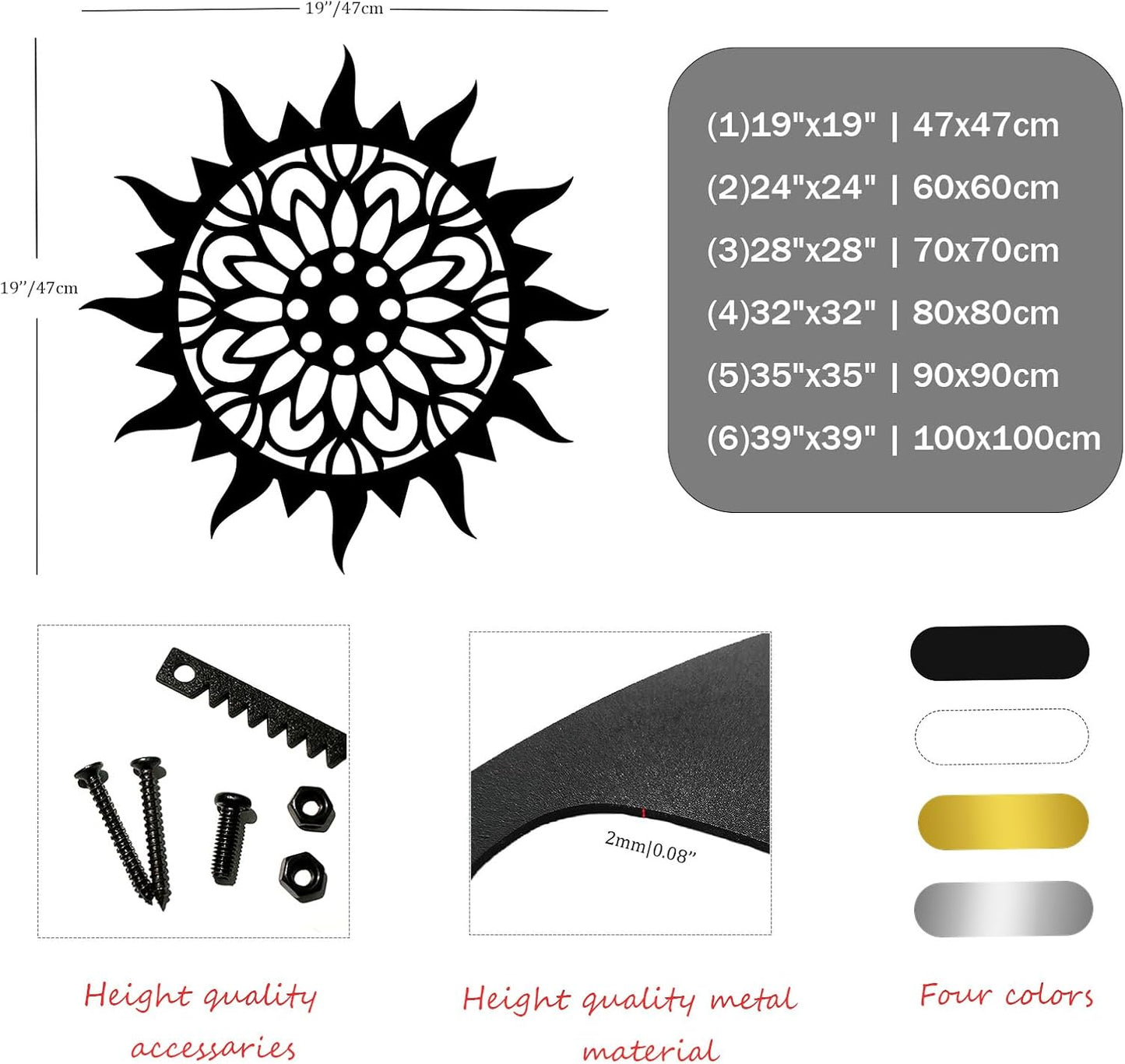 Sunburst Metal Wall Decor, Unique Sun Flower Design, Outdoor & Indoor Wall Art for Living Room, Bedroom, or Patio, Home Decor (Silver, 19"x19"|47x47cm)