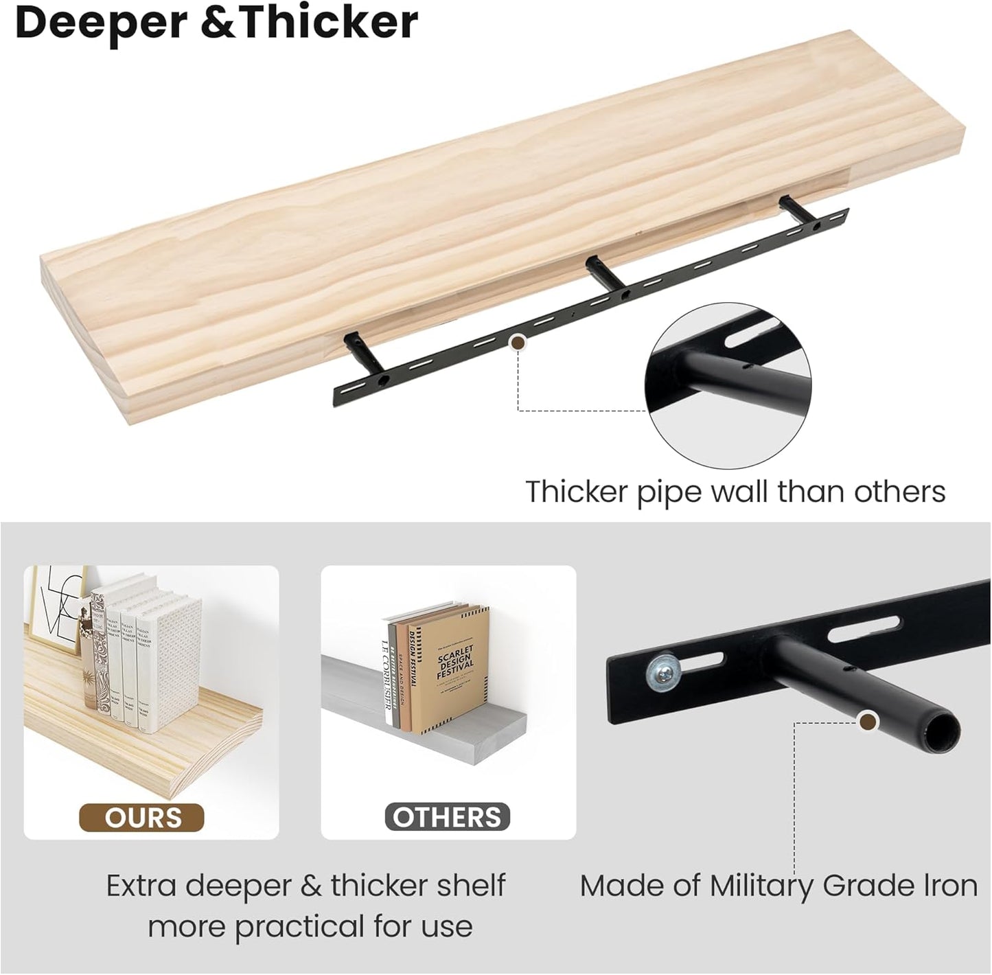 Light Wood Floating Shelves 48 Inch, 8 in Deep Single Book Shelf Floating for Wall Mounted, Heavy Duty Shelf Hold 100 lbs, Unfinished Wall Shelves for Bathroom, Living Room, Kitchen, Bedroom, Office