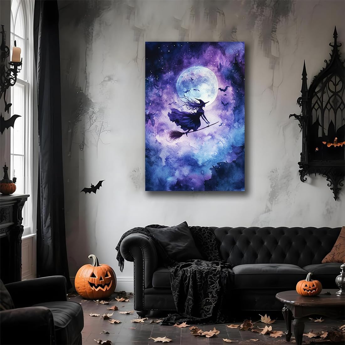Witch On Broom Flying Wall Art,Gothic Halloween Canvas Wall Art,Victorian Witch Silhouette In Moonlight Broomstick Poster Pictures,Creepy Halloween Purple Night Sky Print,16"x24" Framed