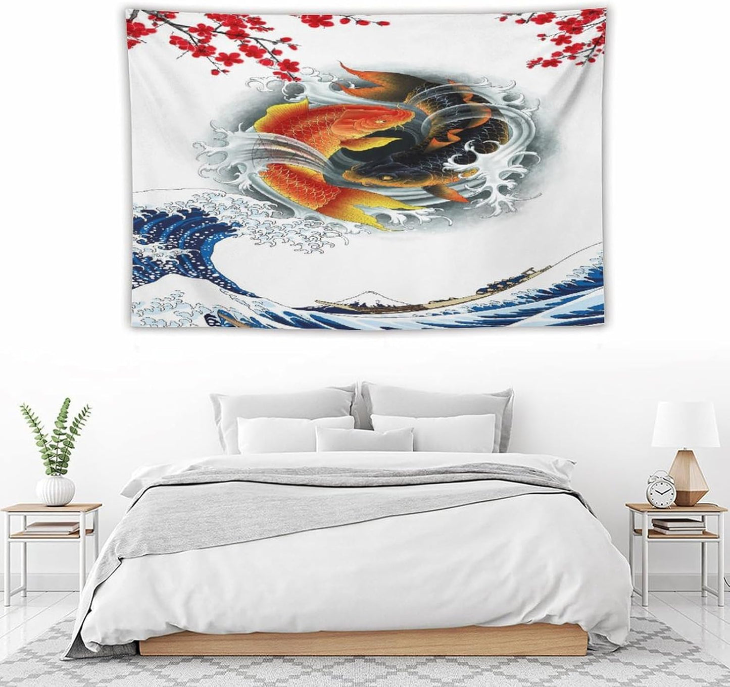 Houselerax Koi Fish Tapestry, Japanese Style Yin Yang Big Wave Cherry Blossoms Tapestries Wall Hanging for Bedroom Living Room Office Decor 60"x40"