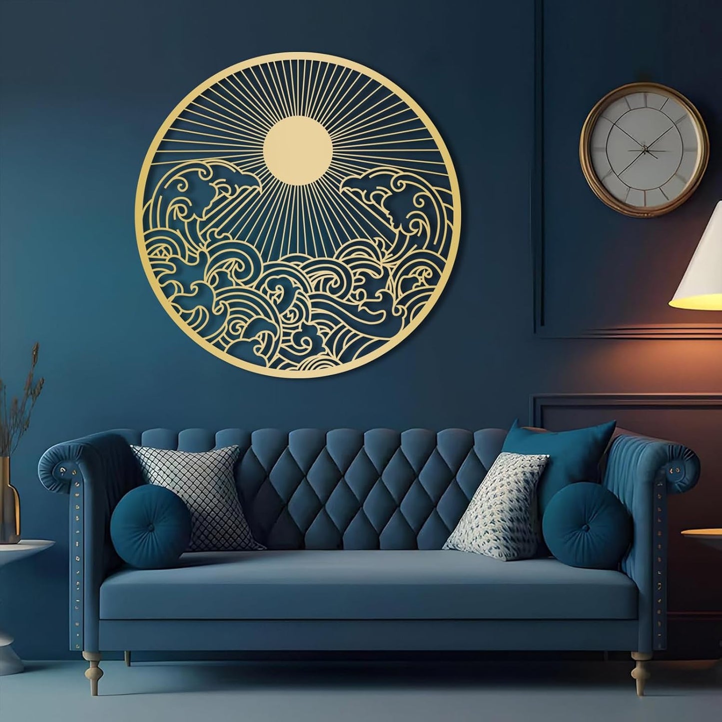 flyoak Metal Sun Wall Decor Outdoor, Sunrise Metal Wall Art, Metal Wave Wall Art, Sunrise and Wave Wall Decor, Sunburst Wall Art, Sunset Wall Art, Wall Hangings for Bedroom (Gold, 24x24in|60x60cm)