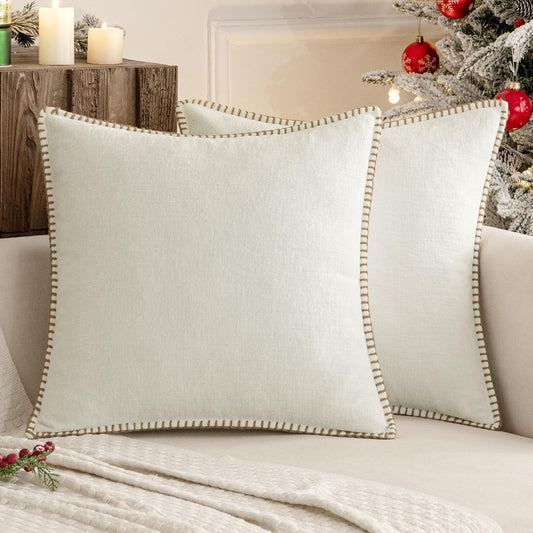 MIULEE Pack of 2 Christmas Pillow Covers 20x20 Inch Pure White Farmhouse Decorative Throw Pillow Covers with Stitched Edge Soft Chenille Solid Dyed Couch Pillow Covers for Sofa Bed Living Room