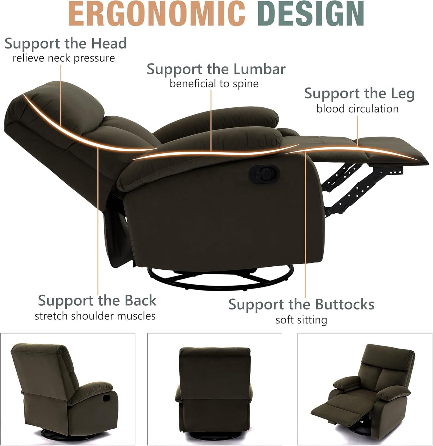 Swivel Rocker Recliner for Adults, Small Recliner Chair for Small Spaces, Rocking Recliner Chair for Nursery. Living Room, RV, Bedroom, Dark Brown