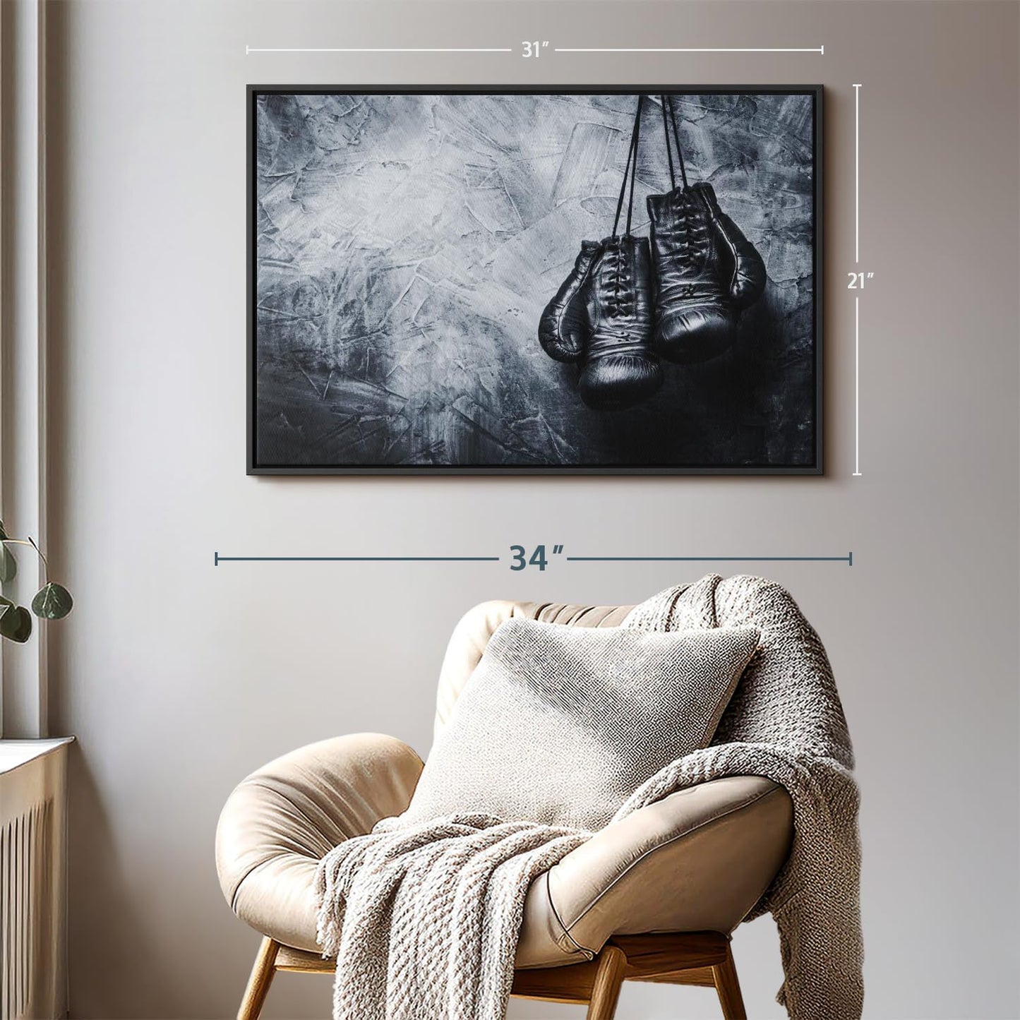 ElephantStock Boxing Gloves Wall Art - Horizontal Framed Canvas - 1-Piece Living Room Wall Decor - Photography Sports Canvas Print - Black and Gray Decor for Wall - 31" X 21"