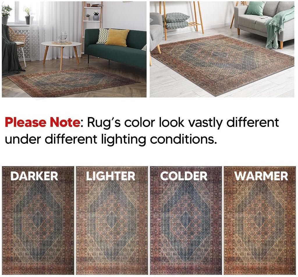 Keen Home Design 8x10 Rug - Machine Washable Area Rug with Non-Slip Backing, Ideal for Living Room, Dining Room, Bedroom - Vintage, Easy Clean, Durable, Low Pile Rug - (8' x 10')