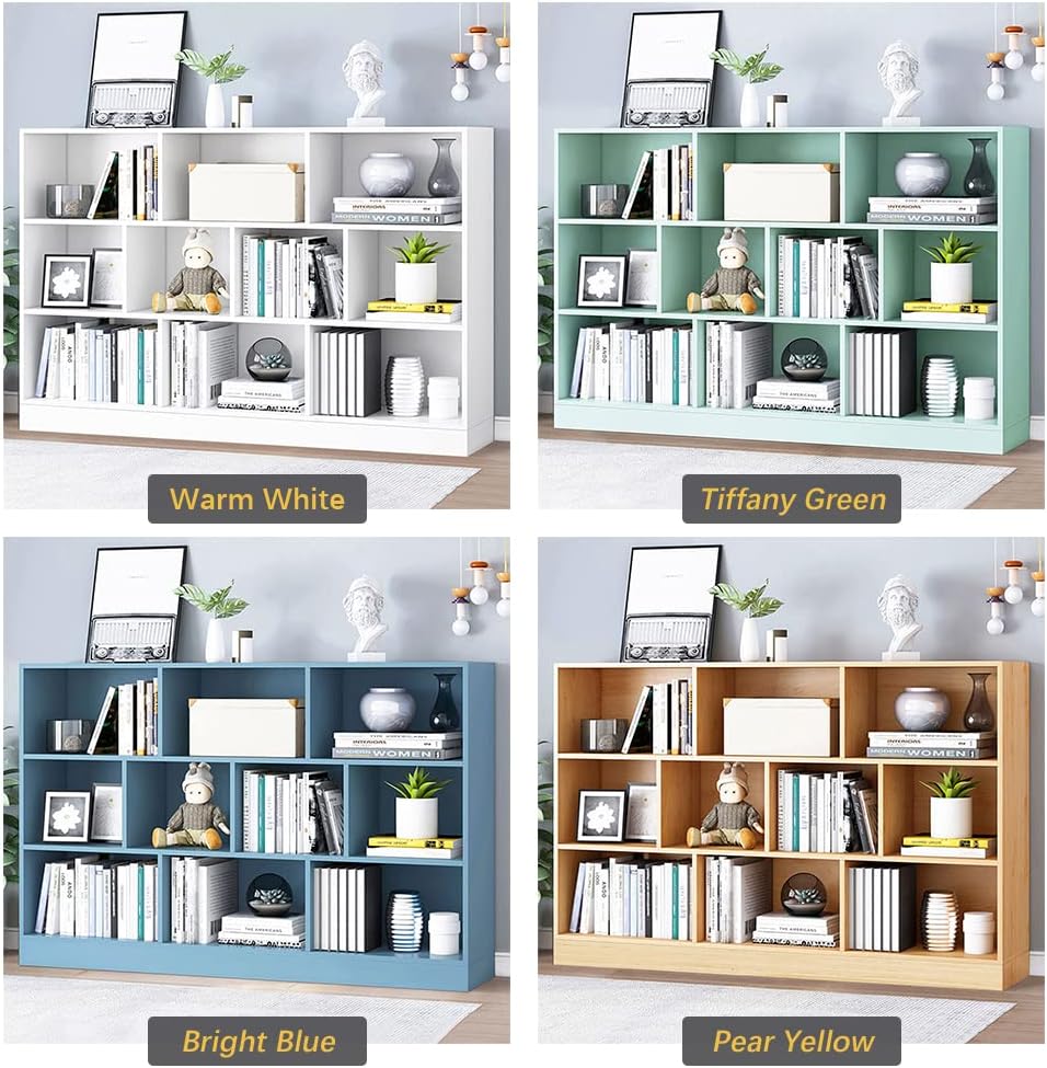 IOTXY Open Shelf Low Bookcase - Wooden 3-Tier Floor Standing Display Cabinet Organizer with Base, 10 Cubes Short Horizontal Bookshelf in Bright Blue