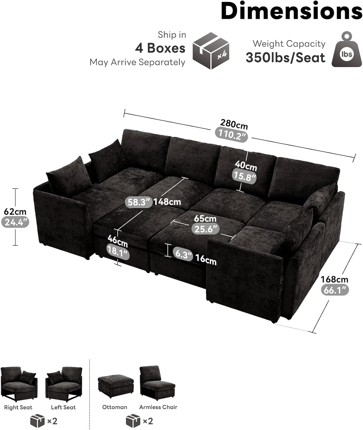 Tbfit U Shaped Couch 8 Seat, Sectional Sofa for Living Room,Chenille Cloud Couch with Ottoman, Black
