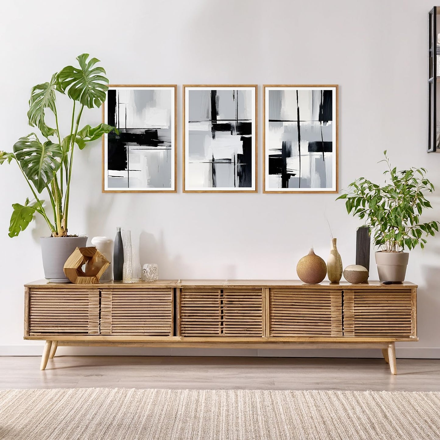 HPNIUB Modern Abstract Geometric Wall Art, Black & White Canvas Neutral Prints, Minimalist Bohemian Mid-Century Wall Art for Hallway, Office Wall Decor- 16"x24"x3