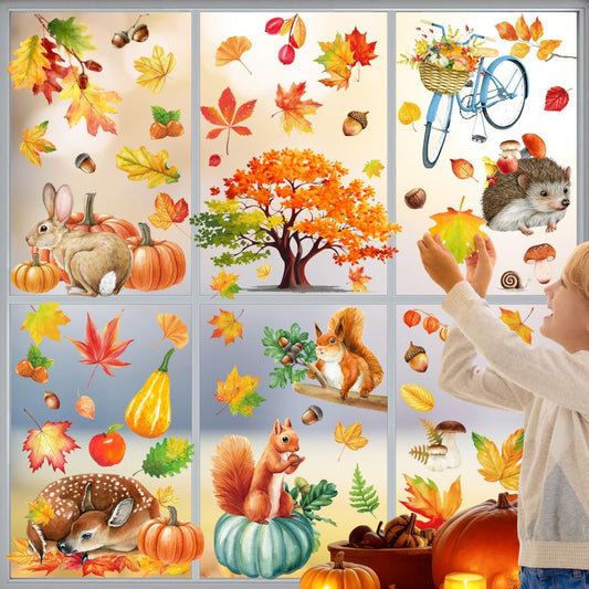 Fall Window Clings 9 Sheets Large-Size Window Clings for Glass Windo Decoration Autumn Leaves Animals Woodland Home Bedroom Nursery Room Windo Decals