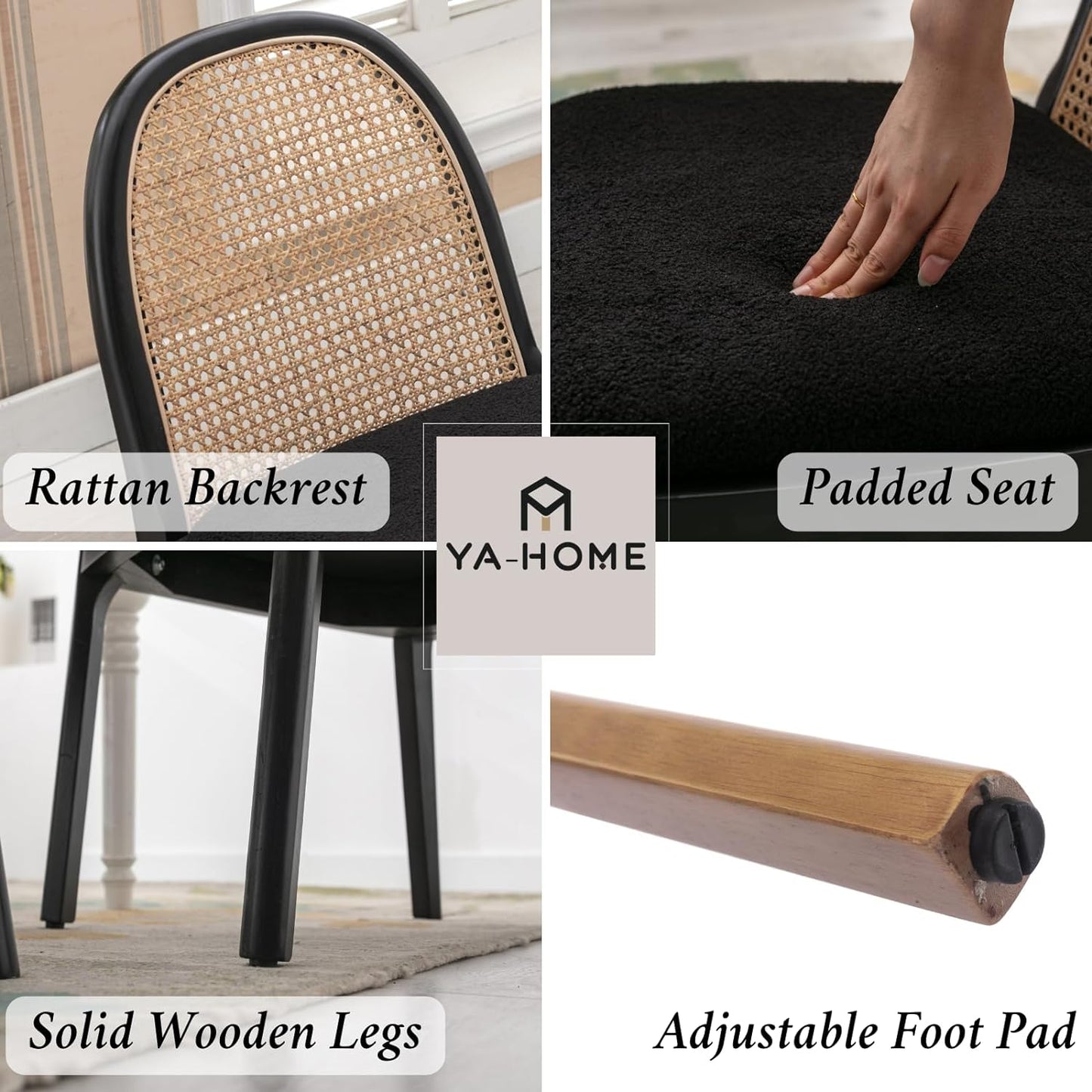 Mid Century Dining Chairs Set of 4, Accent Rattan Sherpa Fabric Side Chairs Kitchen Chair with Solid Wooden Legs for Living Room Dining Room, Black