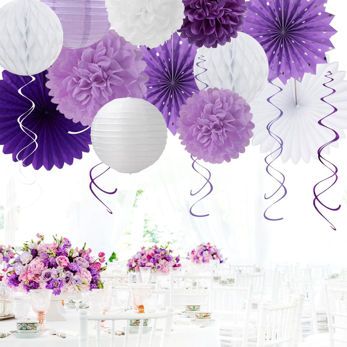 Purple Lilac-Lavender White Women Birthday Party-Decorations - 21pcs Happy Banner,Paper Lanterns,Tissue Pom Poms Flower Fan,Honeycomb Ball,Hanging Streamers Garland, Girls Decor Supplies Huglony