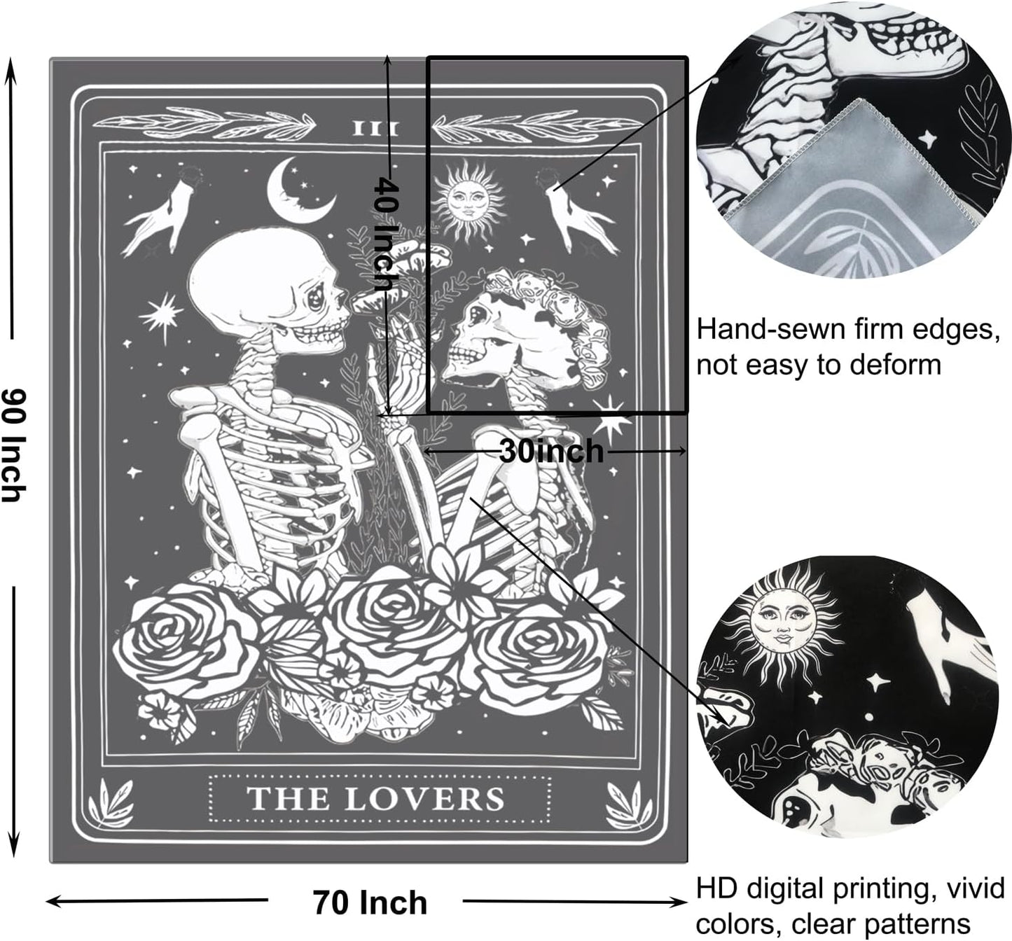 Onivein The Lovers Skull Tapestry Gothic Tapestry Vertical Black and White Skeleton Gothic Witch Sun Moon Floral Plant Snake Tapestries Wall Hanging Decor for Bedroom Dorm Room 30 x 40 Inches