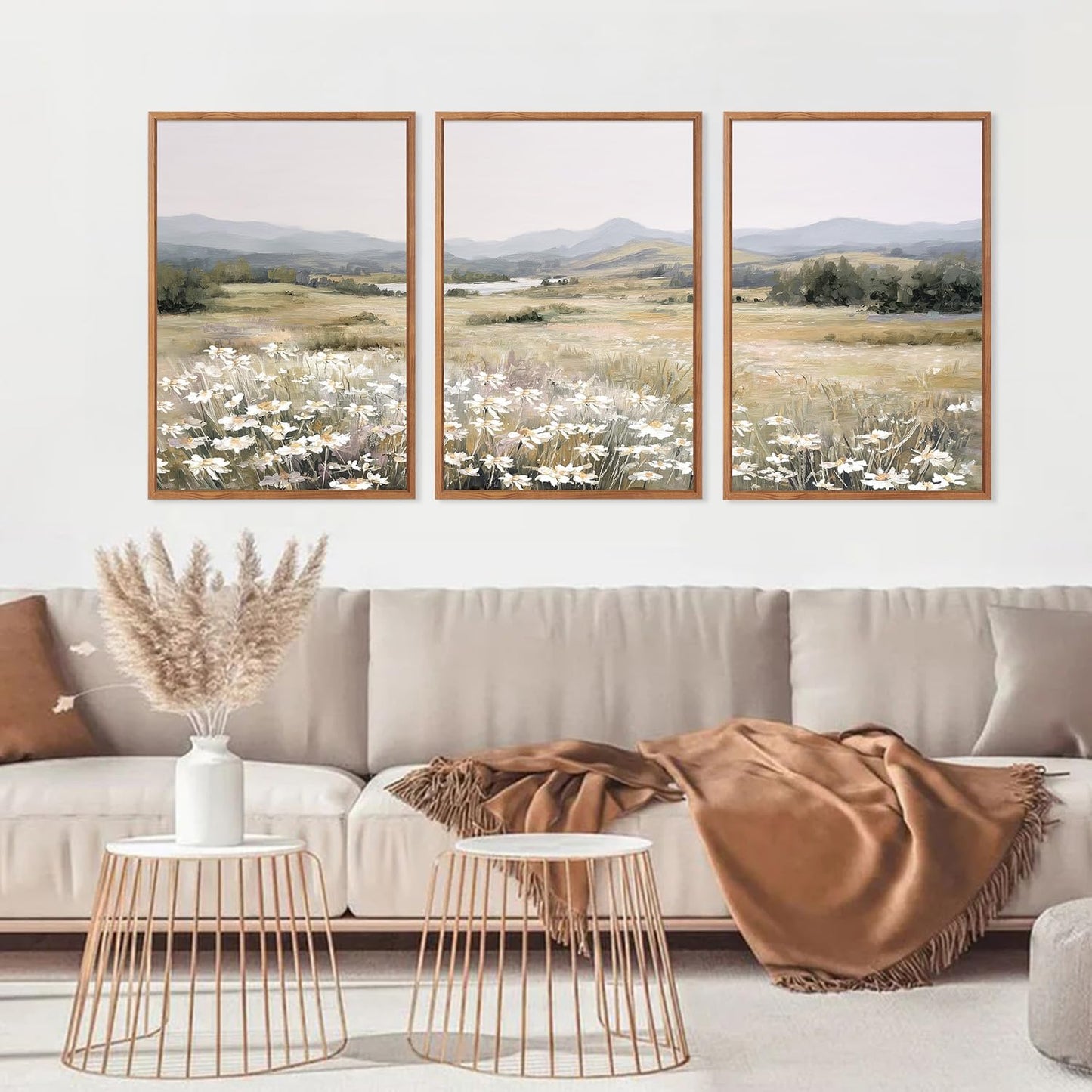 KAIRNE Landscape Canvas Wall Art,Boho Floral Prints Set of 3(16”X24”),Flower Garden Paintings,Wildflower Field Scene Wall Decor,Botanical Art for Living Room Bedroom Kitchen Farmhouse Decor,Framed