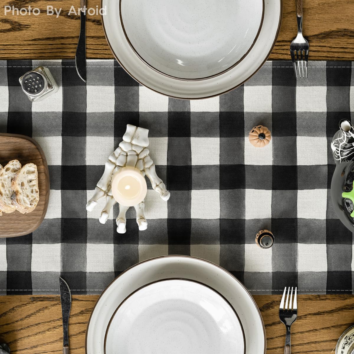Artoid Mode Buffalo Plaid Bat Pumpkin Ghost Truck Spooky Halloween Table Runner, Sensonal Kitchen Dining Table Decoration for Home Party Decor 13x36 Inch