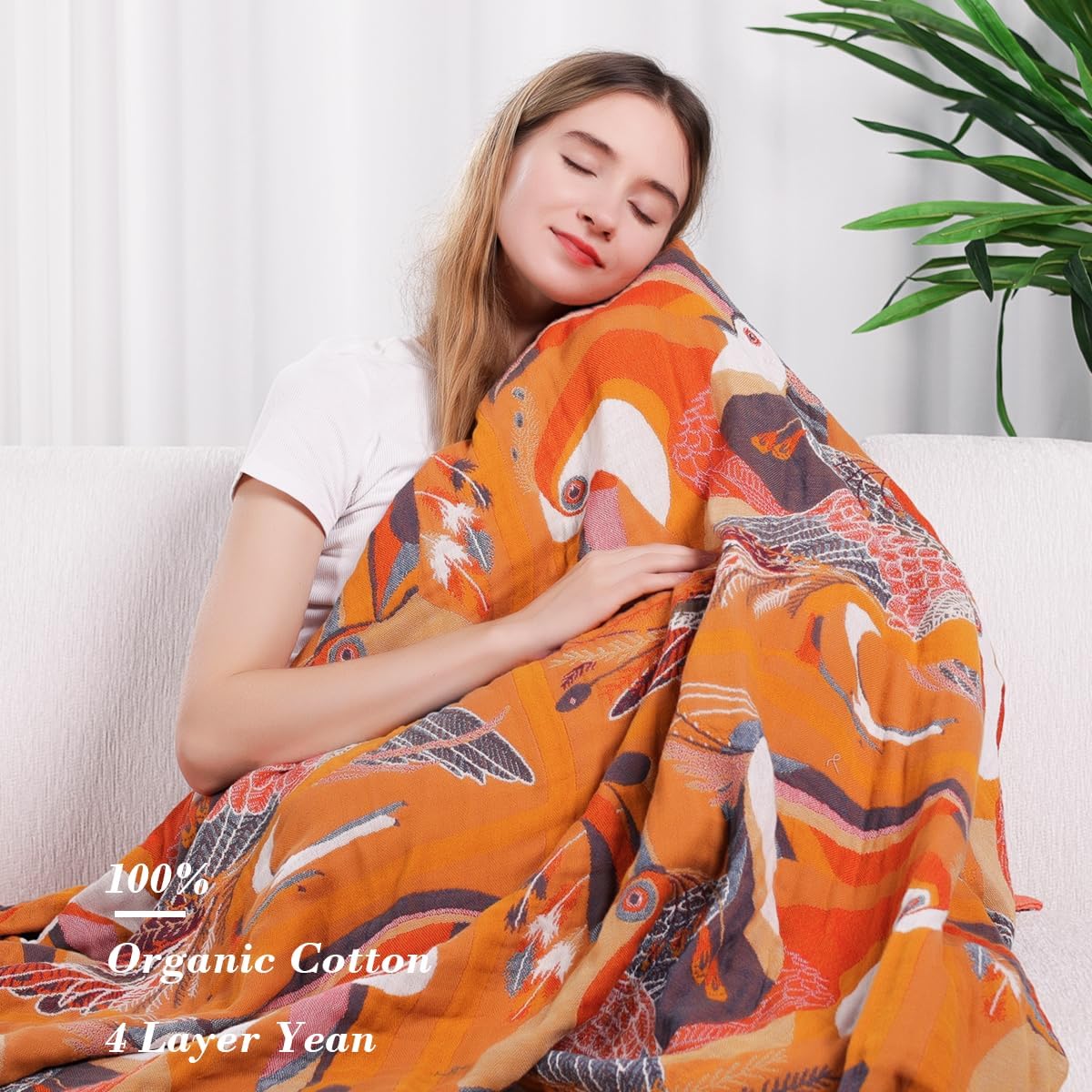 Boho Large Throw Blanket, 100% Organic Muslin Cotton Breathable Soft Bed Throw - Floral Bird Farmhouse Decor Blanket for Sofa Couch Chair Quilt and Gift. 80" x 90"- Colorful