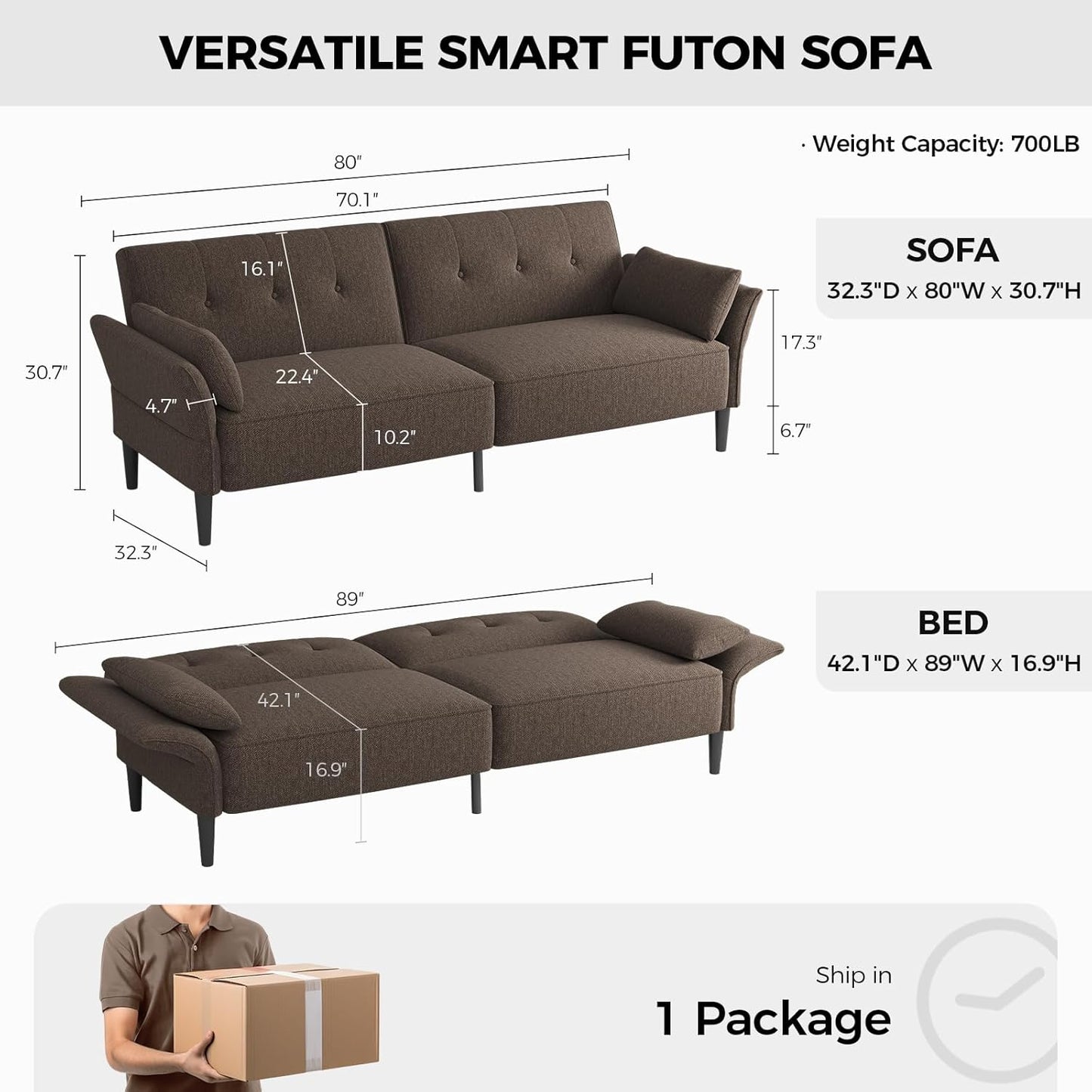 89” Futon Sofa Bed, Linen Comfy Futon Couch Bed with 2 Square Pillows, Convertible Sleeper Sofa with Adjustable Backrest& Armrests, Modern Loveseat Sleeper for Living Room, Bedroom, Brown