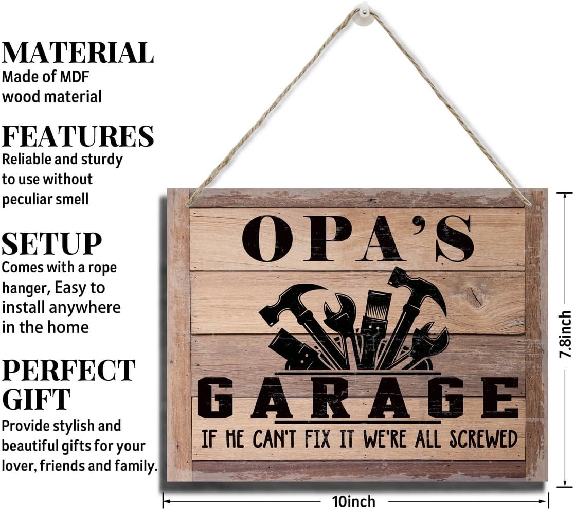 Rustic Sign, Father's Day Gift, Dad's Gift, Grandpa's Gift, Decor Hanging Wood Signs, Printed Wood Wall Art Sign, Opa's Garage, If He Can't Fix It We're All Screwed, Vintage Sign Gift for Grandpa
