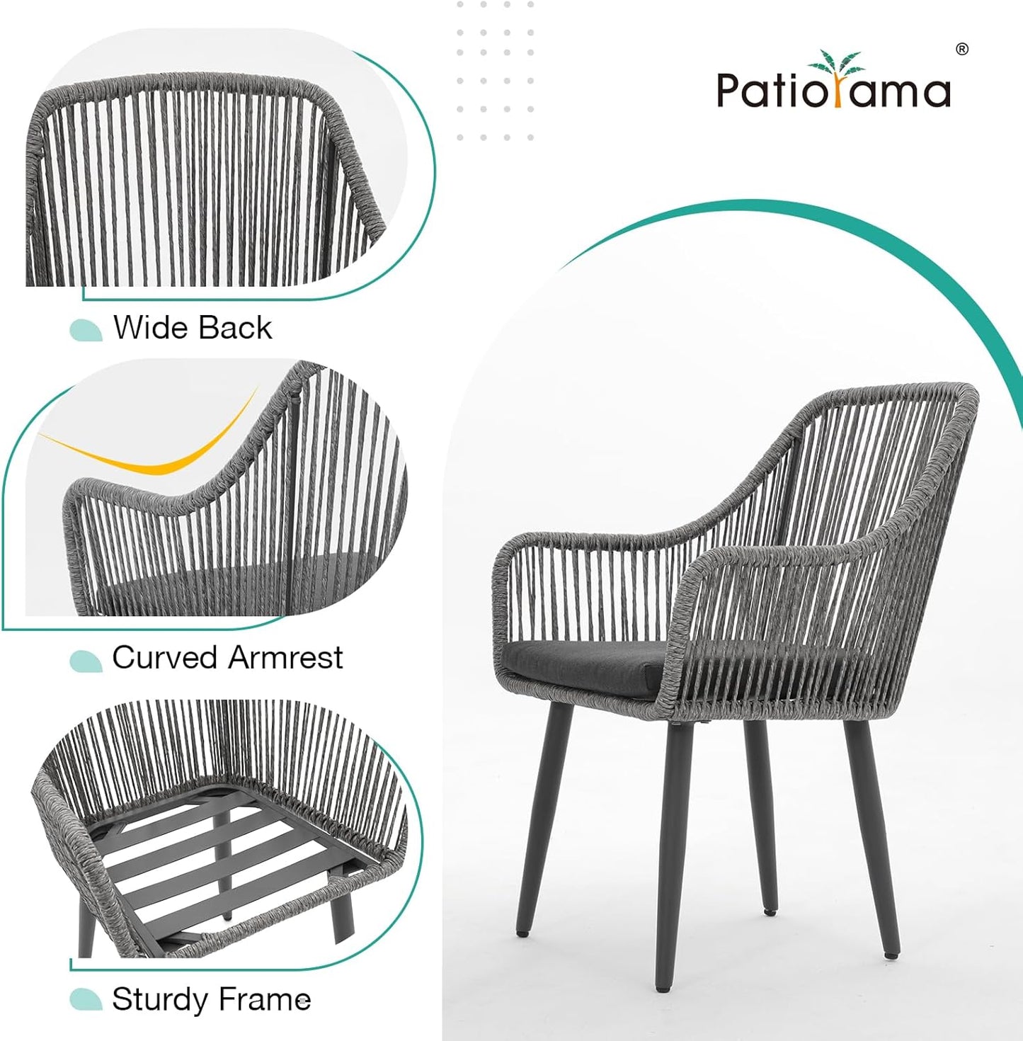 Patiorama Outdoor Dining Chairs, Patio Dining Chair Set of 4, All-Weather Woven Rope Rattan Chairs, Outdoor Dining Wicker Chairs with Armrests for Indoor Balcony Pool Backyard(Gray)
