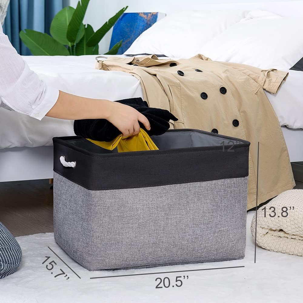 TheWarmHome Organization and Storage Basket for Shelves - 20x16x14 inch Jumbo 3 Pack Collapsible Storage Bins for Organizing, Fabric Storage Cubes for Organizer Gift Toy Closet (Black & Grey)