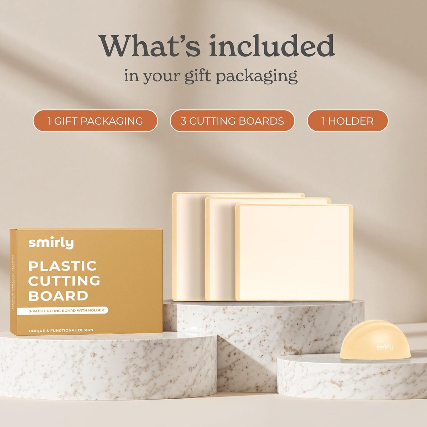 SMIRLY Plastic Cutting Board Set with Holder 3 Pieces, Non-Slip Dishwasher Safe Chopping Boards for Kitchen, Cream White