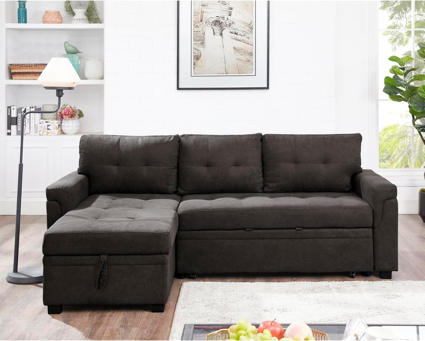 Naomi Home L-Shaped Reversible Sectional Sofa with Pull-Out Sleeper Bed and Storage Chaise, Espresso Velvet