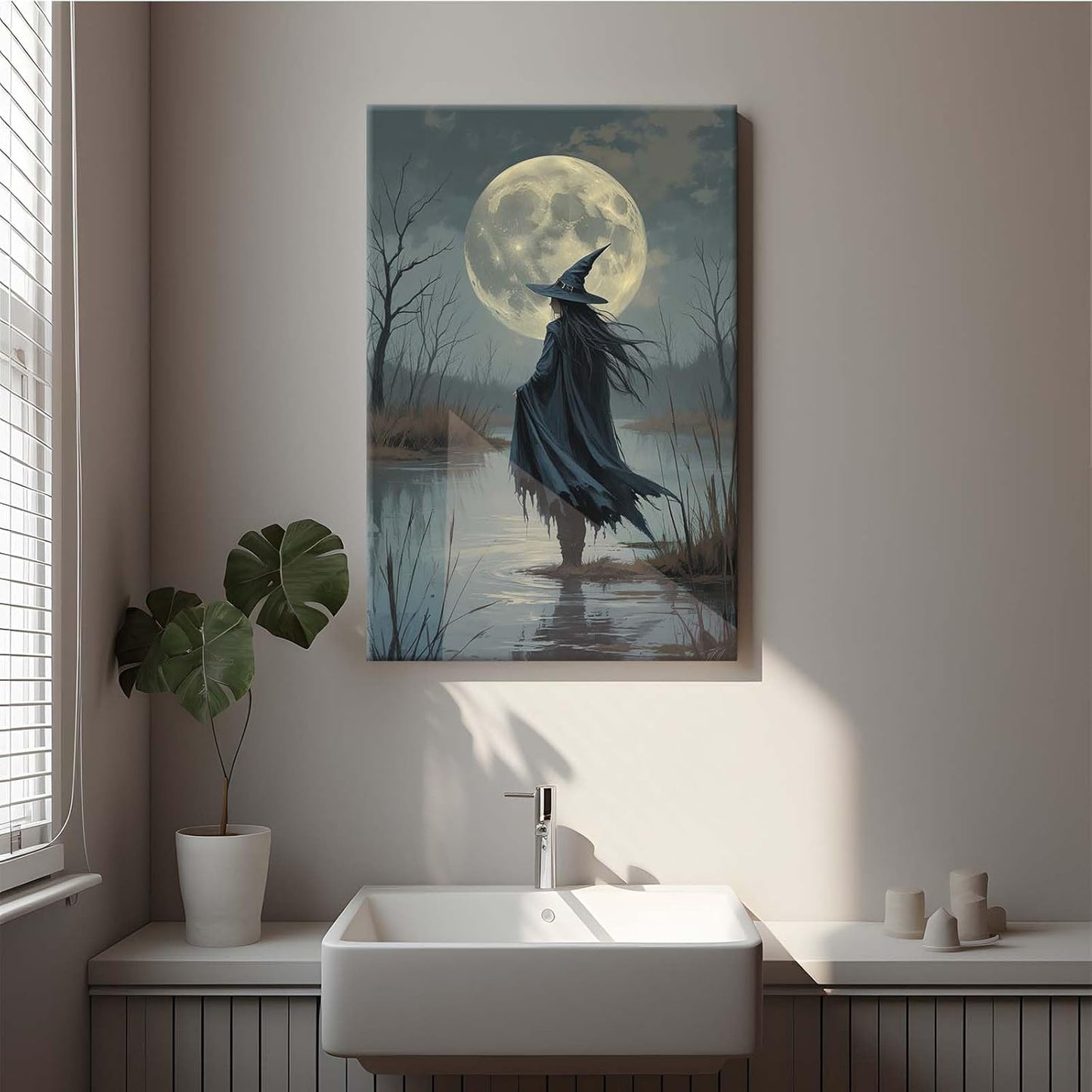 JFHCQJPK Witch in the moonlight magic canvas wall art enchanting Halloween home decor swamp witch silhouette oil painting mysterious gothic aesthetic wall decor print poster8x12in Frameless