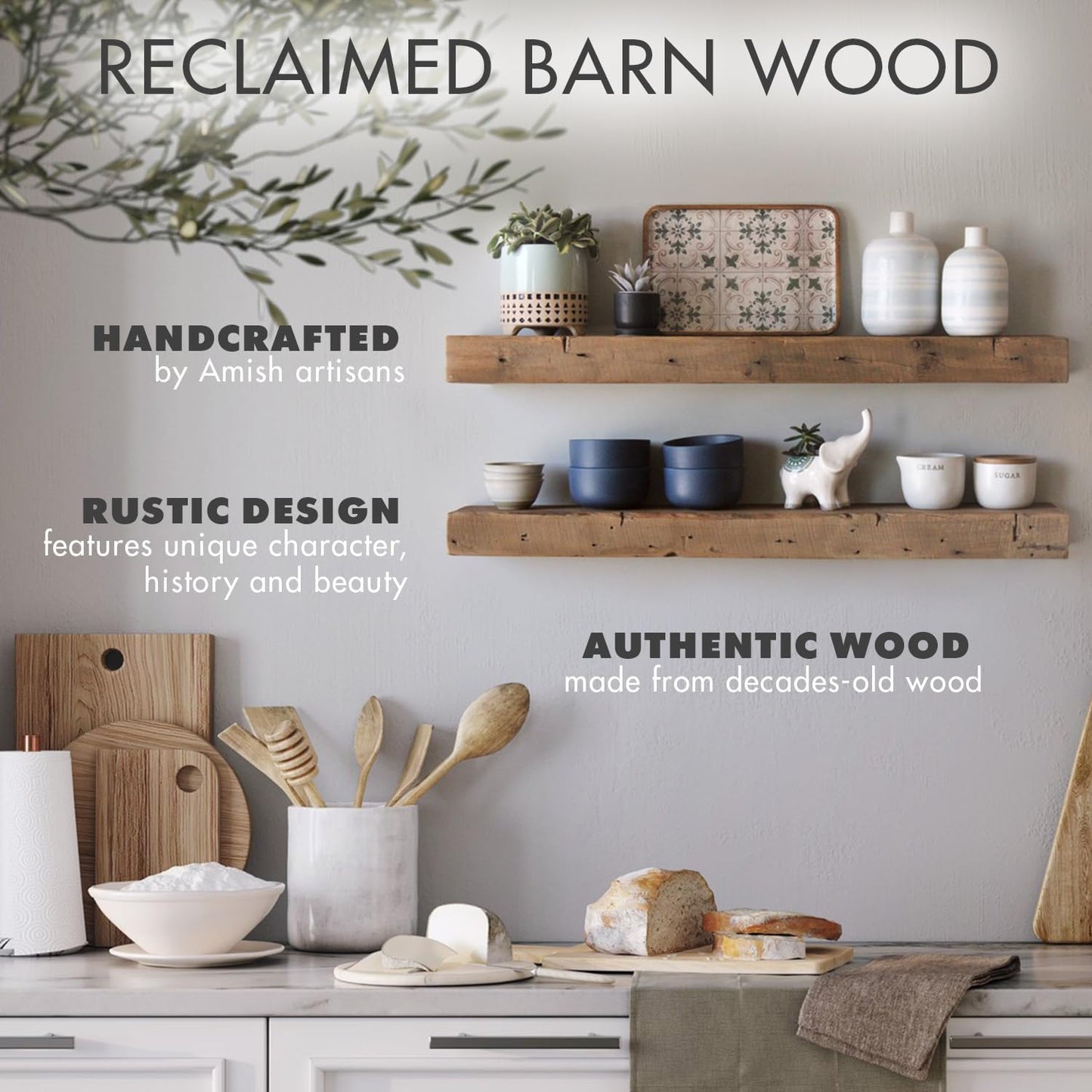 Urban Legacy Reclaimed Barnwood Planks | Floating Shelves for Wall w/Flush Mount Shelf Bracket Set Included | Set of 2 (Natural, 24"x 4.5"x 2")