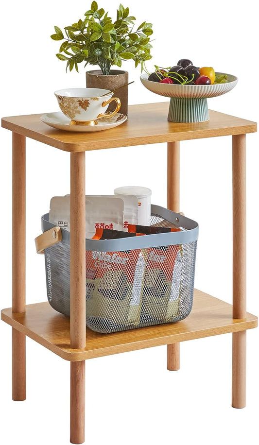IBUYKE 2-Tier Side Table, Solid Wood Tall End Table with Storage Shelves, Nightstand Bedside Table for Living Room Bedroom Office, No-Tool Assembly, Natural UWST002N