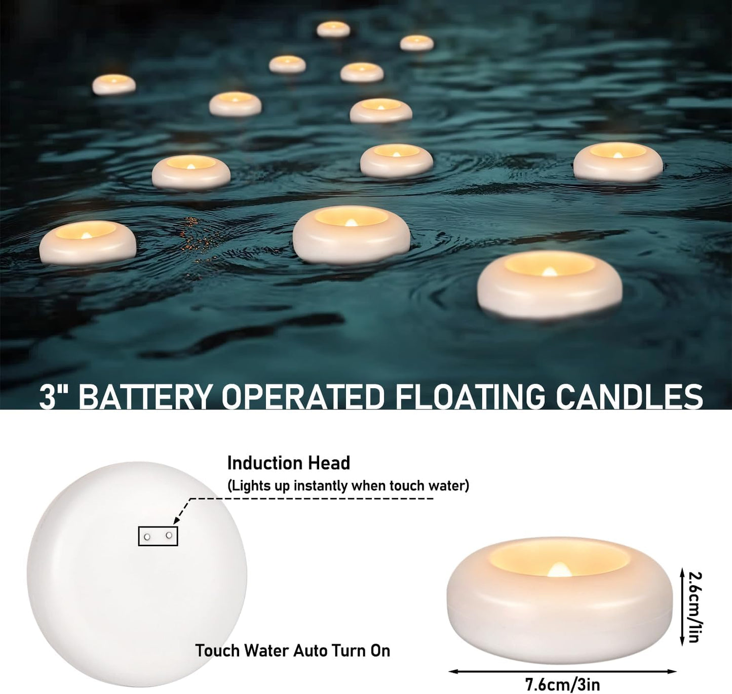 24 Pack 3”Floating Candles Water-Activated Flameless LED Candle, 120 Hour White Battery Operate Waterproof Tealights for Cylinder Vases, Centerpieces at Wedding, Party, Pool,Romantic.