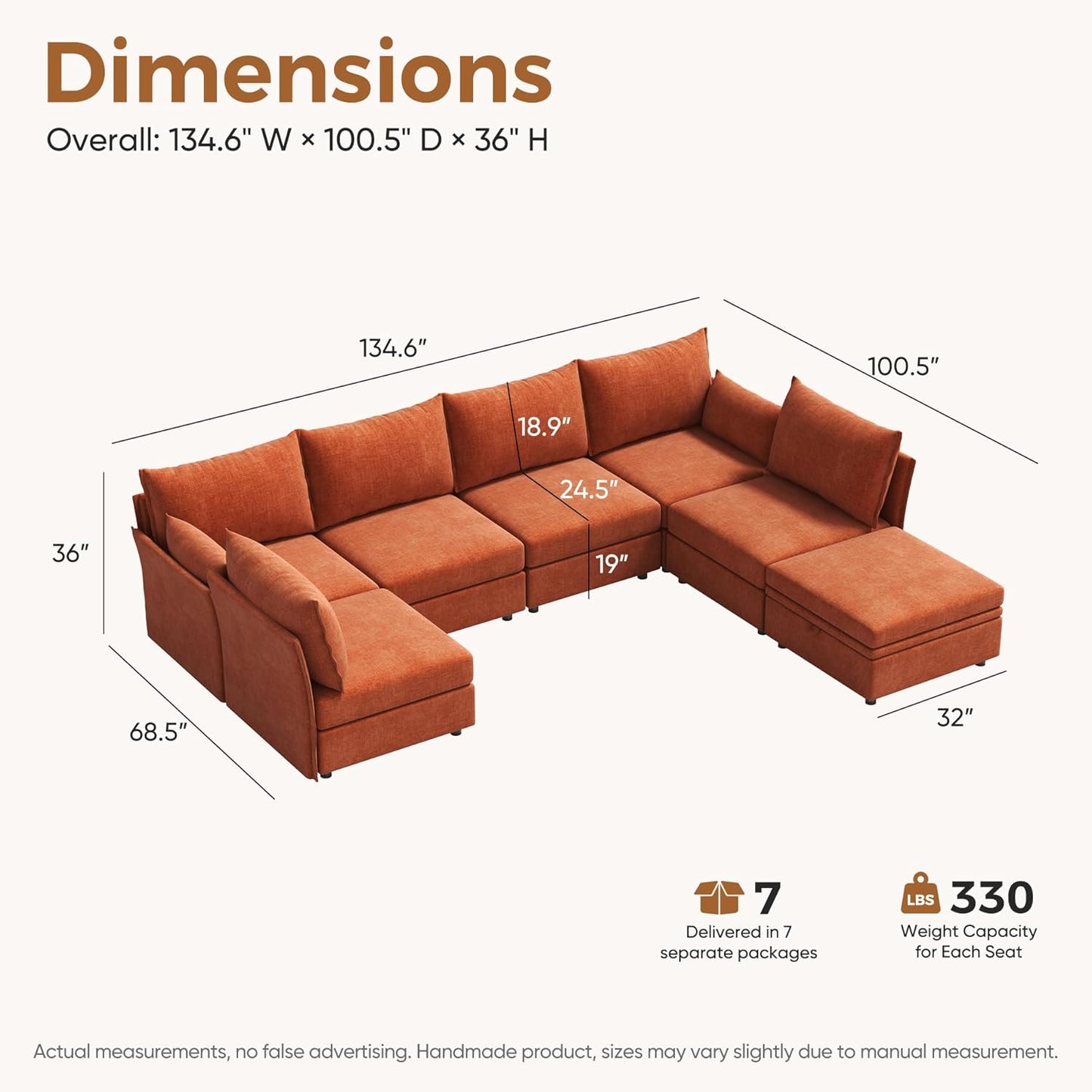 134.6" Oversized Modular Sectional Sofa, Large 7 Seater U Shaped Couch with Storage Ottoman with Reversible Chaise Deep Seat for Living Room, Apartment - Chenille Terracotta