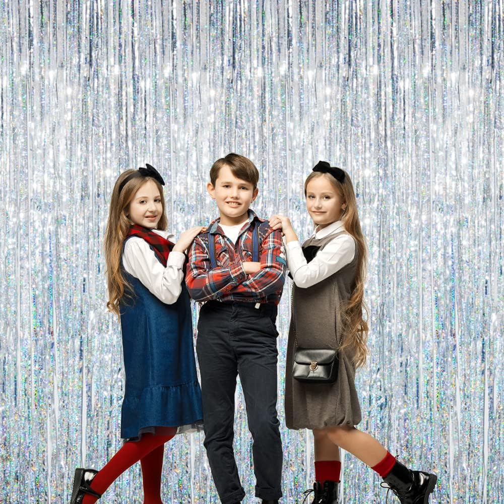GOER 3.2 ft x 9.8 ft Metallic Tinsel Foil Fringe Curtains Party Photo Backdrop Party Streamers for Birthday,Graduation,New Year Eve Decorations Wedding Decor (5 Packs,Shiny Silver)