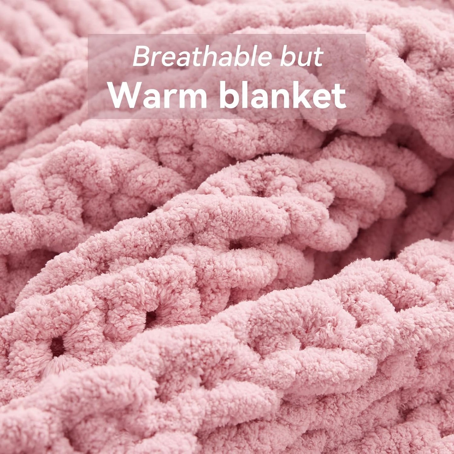 Chunky Knit Throw Blanket, 40''*50'' Knitted Throw Chenille Yarn for Bed Couch, Handmade Light Pink Crochet Big Thick Blanket, Machine Washable Cute Comfy Blanket for Home Decor
