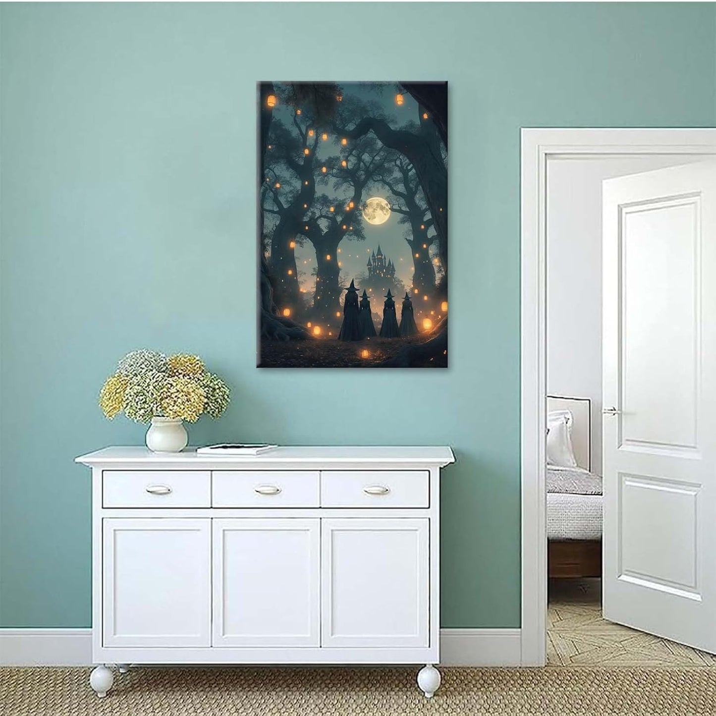 JFHCQJPK Mysterious creek painting witch and castle in magic forest art print canvas gothic print dark college decoration poster for home bedroom32x48in Frameless