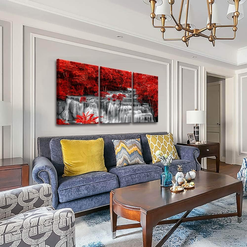 Yxbhhym Black White and Red Waterfall Canvas Wall Art Forest Paintings Waterfall Artwork for Wall Print Landscape Wall Picture for Living Room Wall Decor Large Framed Wall Art -24x48inches